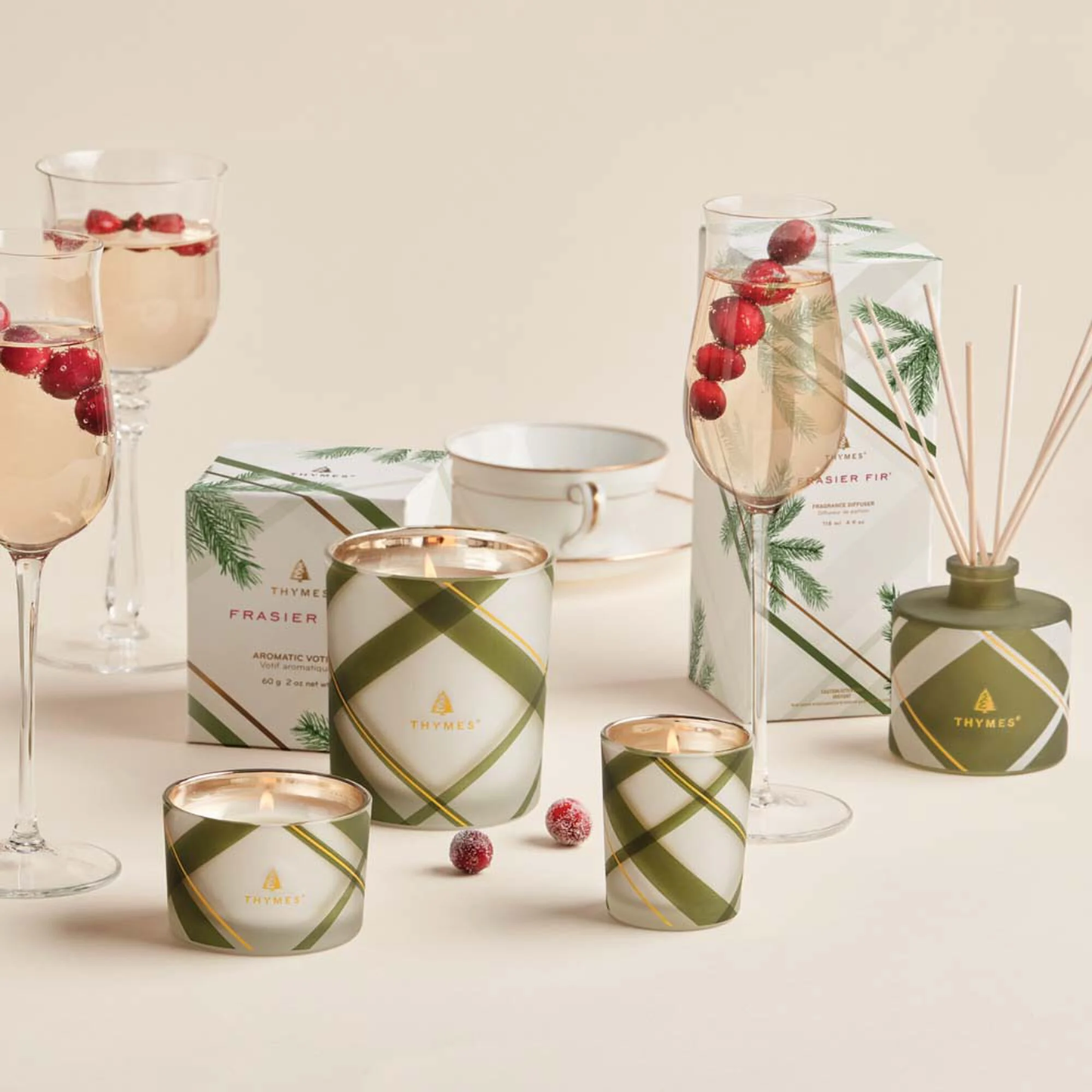 Thymes Frasier Fir Frosted Plaid Medium Candle