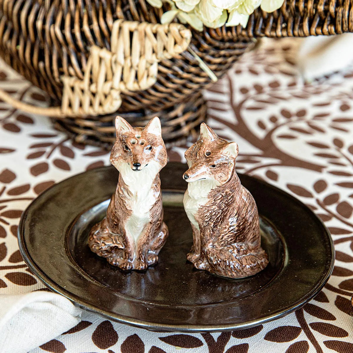 Juliska Clever Creatures Walnut Louis & Marie Fox Salt & Pepper Shakers